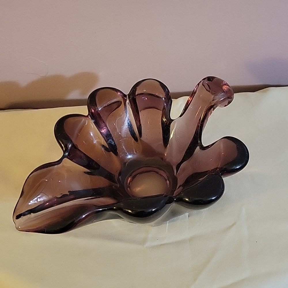Purple Art Glass Leaf Candy Dish Bowl